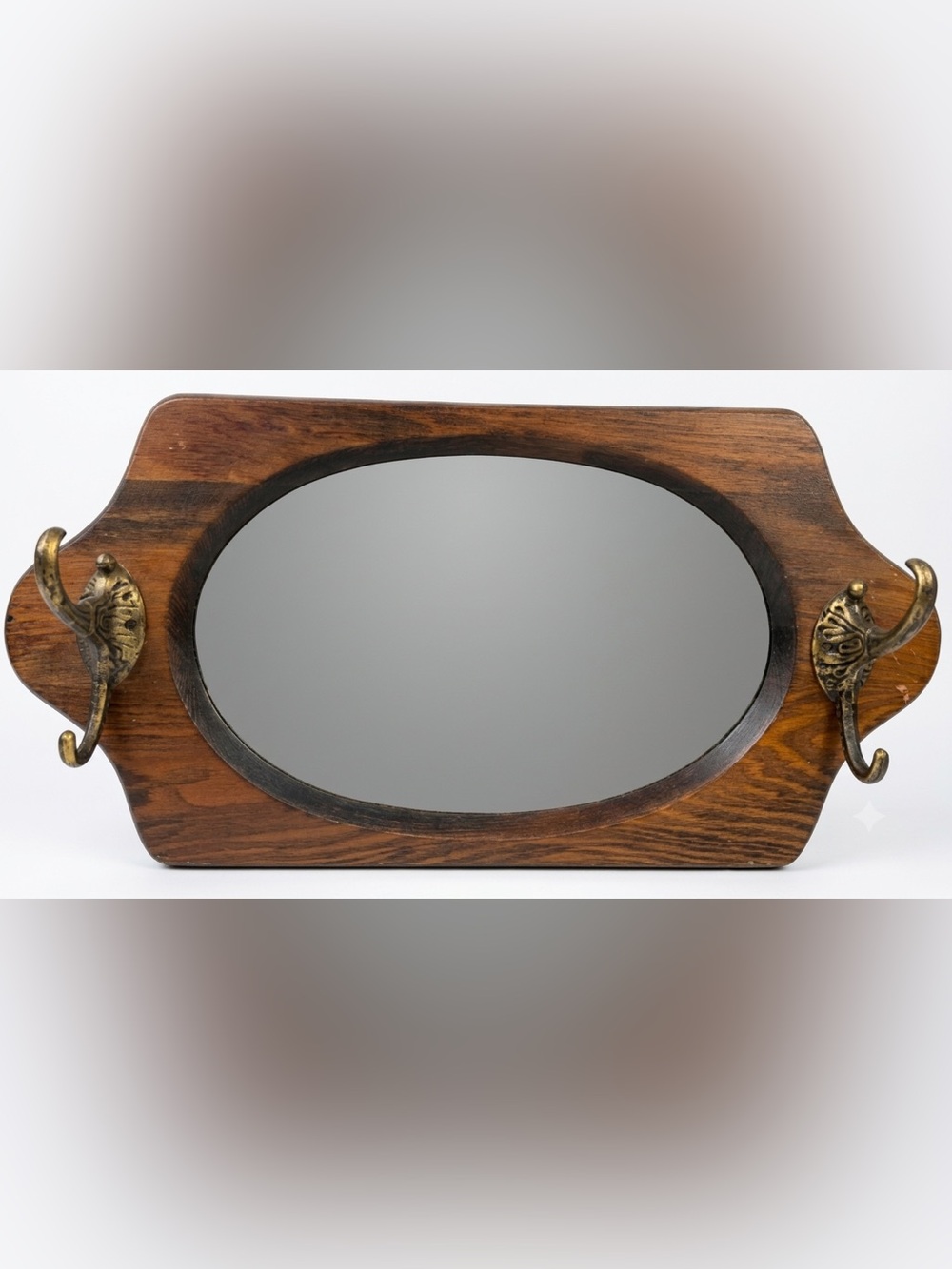 Vintage Wood Oval Wall Mirror with Ornate Brass Coat Key Hooks Entryway Decor - Picture 2 of 9